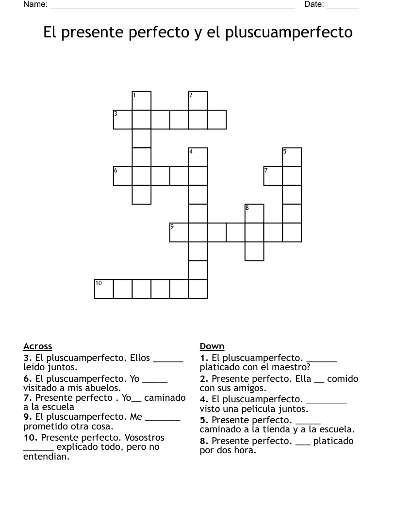 El presente perfecto y el pluscuamperfecto  Crossword
