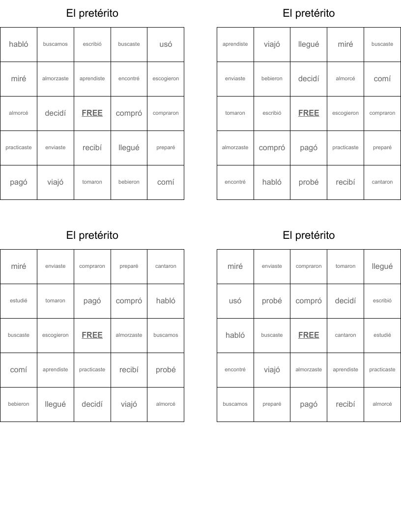 El pretérito Bingo Cards