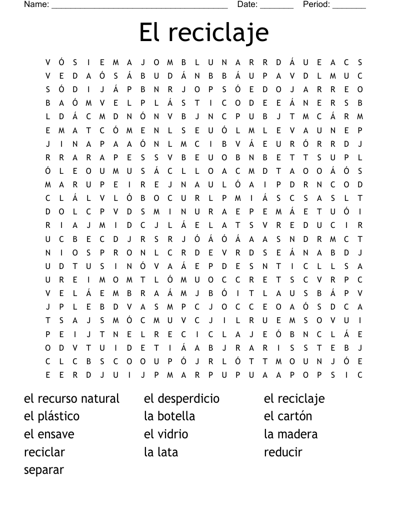 El reciclaje Word Search