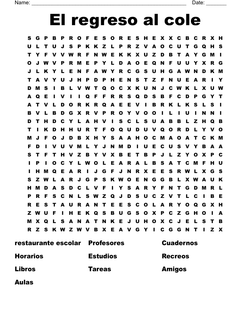 El regreso al cole Word Search