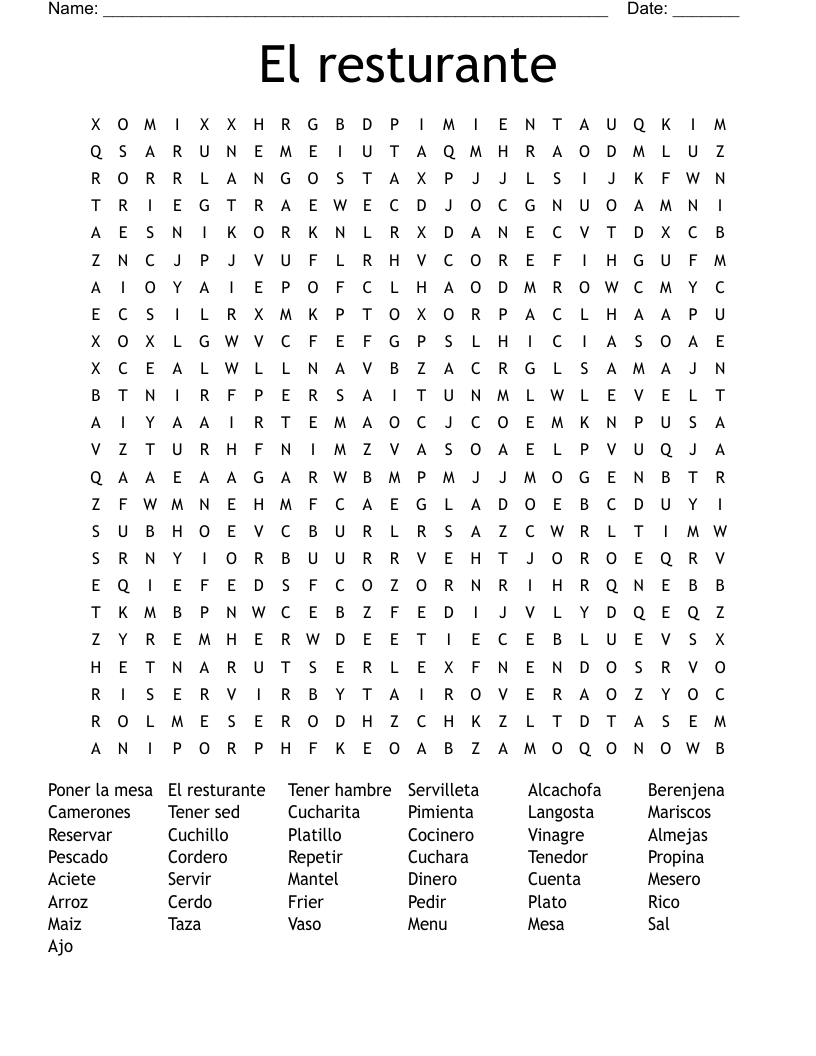 El resturante Word Search