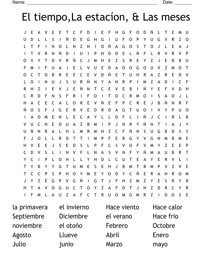 El tiempo,La estacíon, & Las meses Word Search