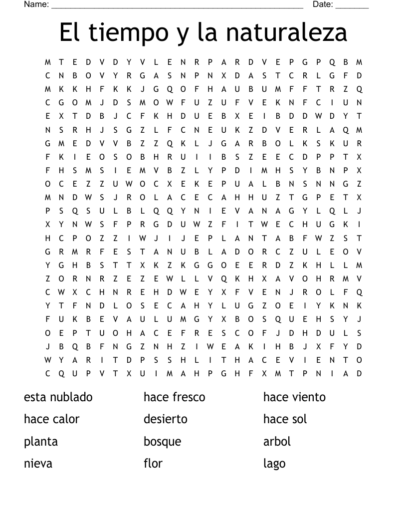 El tiempo y la naturaleza Word Search