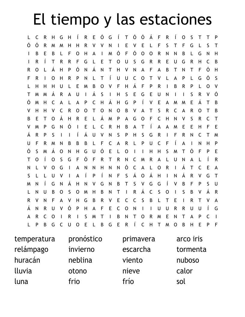 El tiempo y las estaciones Word Search