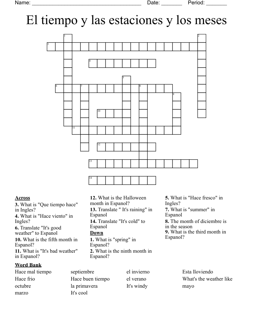 El tiempo y las estaciones y los meses Crossword