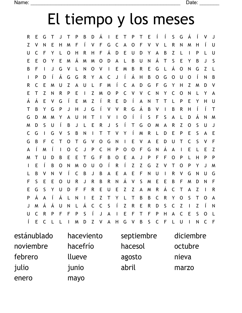 El tiempo y los meses Word Search