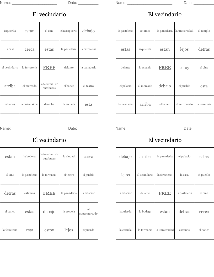 El vecindario Bingo Cards