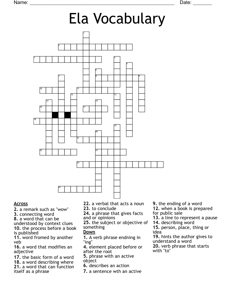 Ela Vocabulary  Crossword