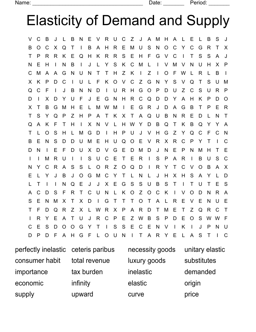 Elasticity of Demand and Supply Word Search