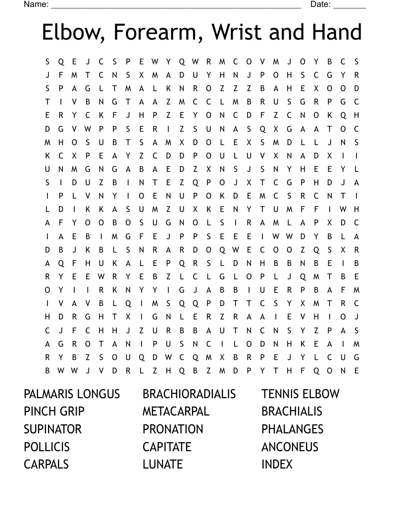 Elbow, Forearm, Wrist and Hand Word Search