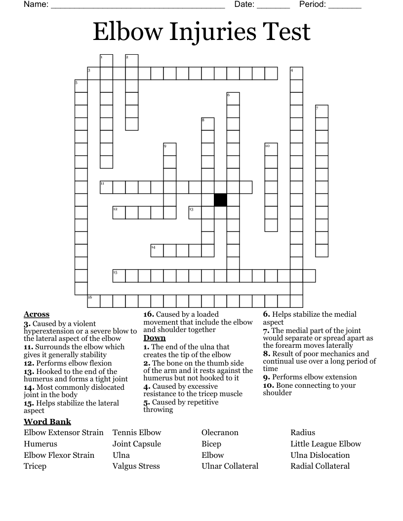 Elbow Injuries Test Crossword