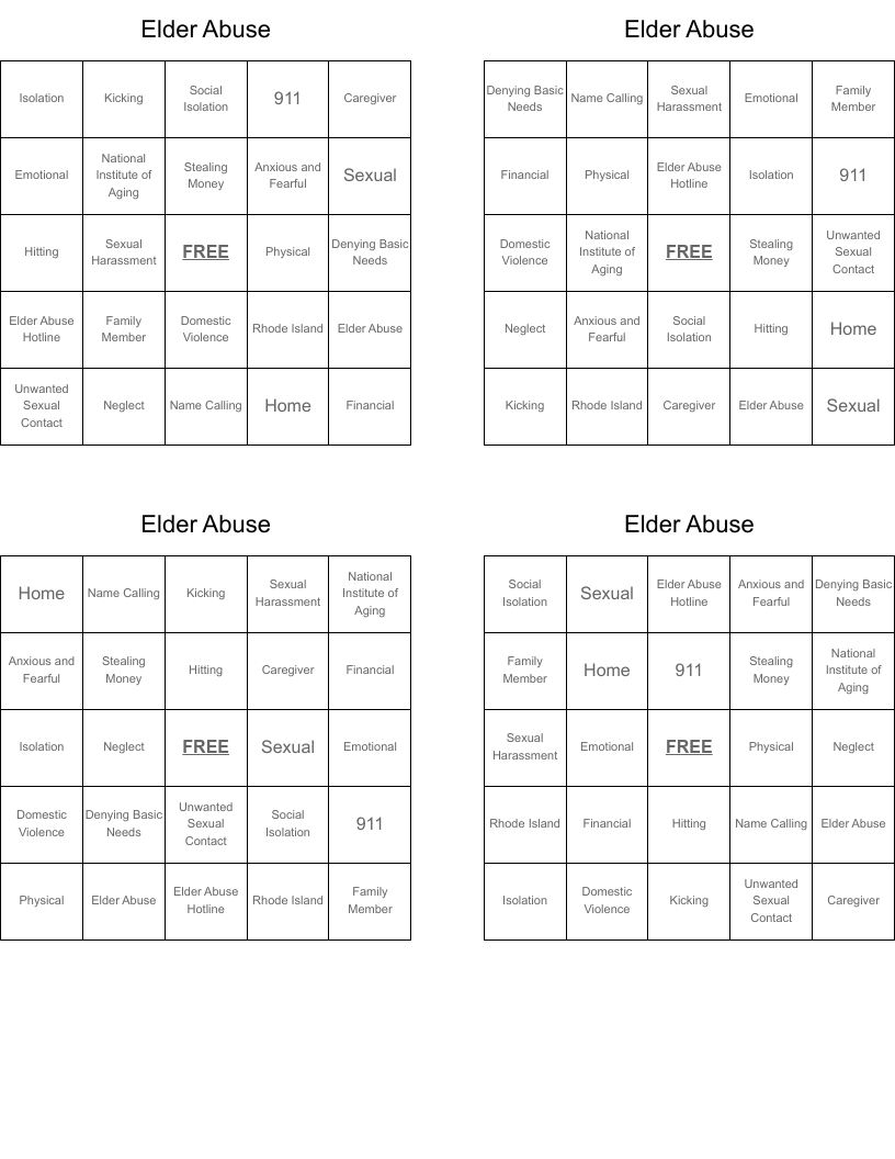 Elder Abuse Bingo Cards