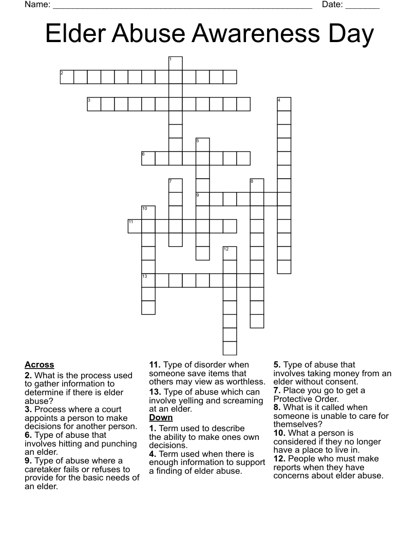 Elder Abuse Awareness Day Crossword