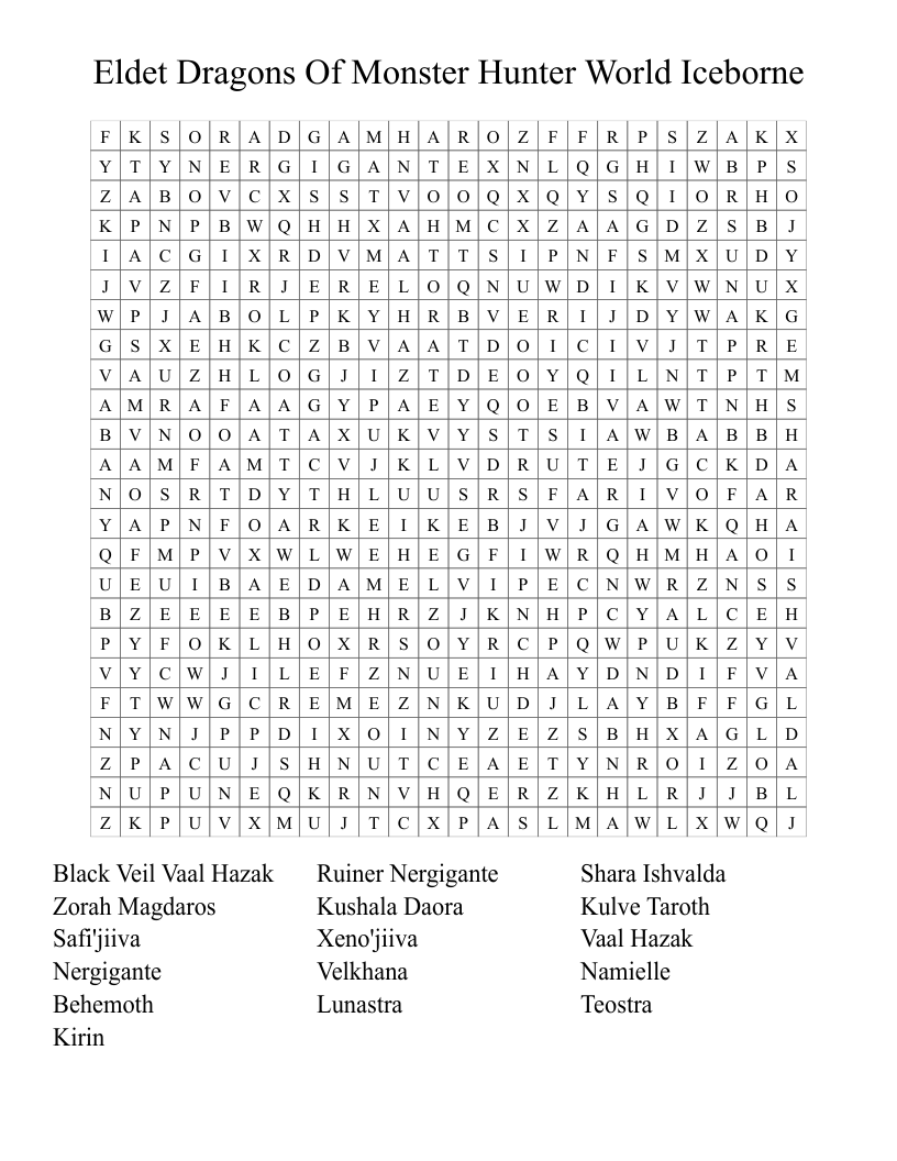 Eldet Dragons Of Monster Hunter World Iceborne Word Search