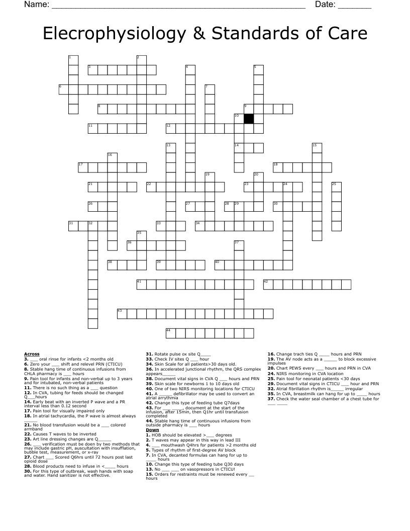 Elecrophysiology & Standards of Care Crossword