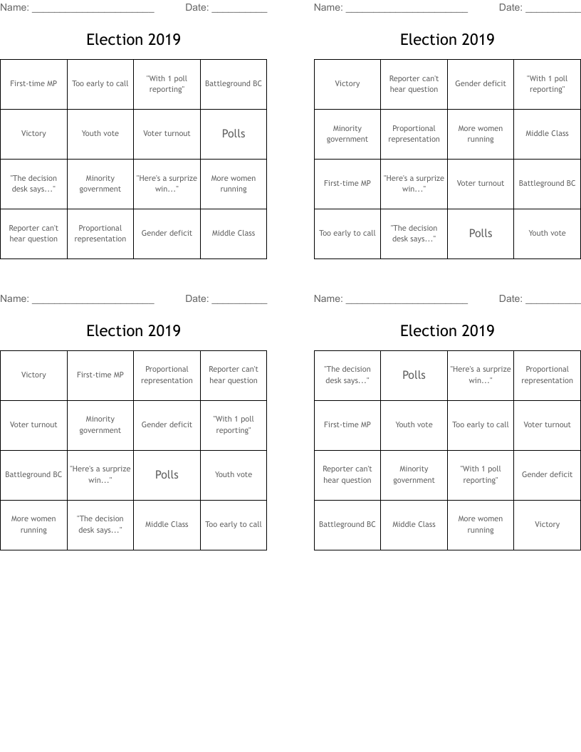 Election 2019 Bingo Cards