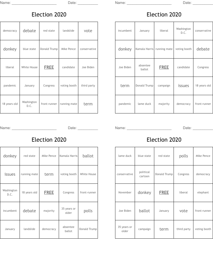 Election 2020 Bingo Cards