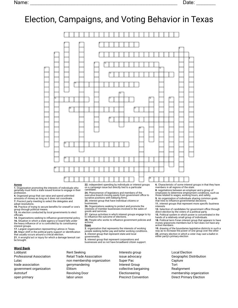 Election, Campaigns, and Voting Behavior in Texas Crossword