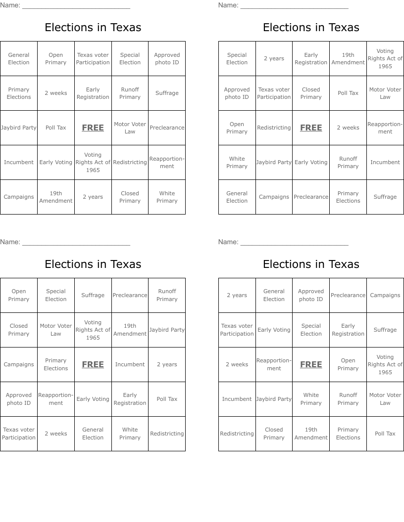 Elections in Texas  Bingo Cards