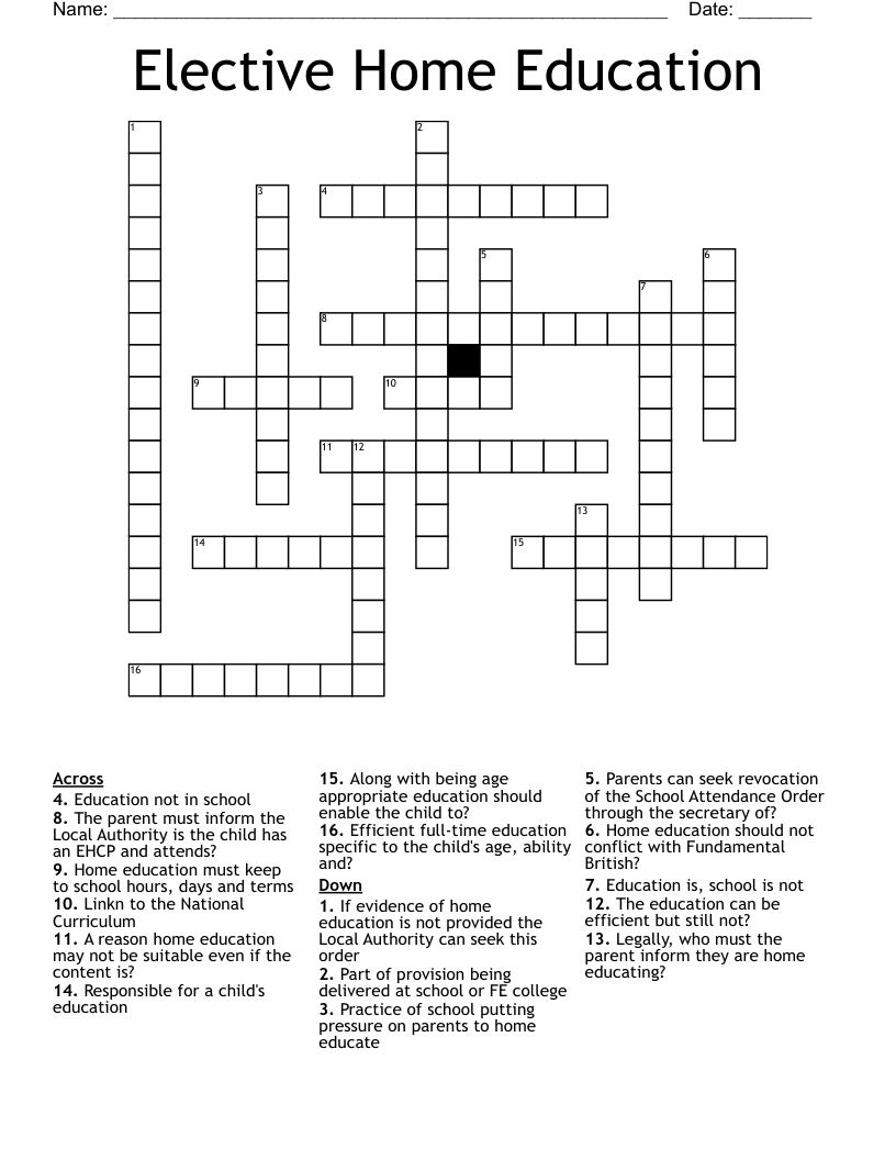 Elective Home Education Crossword