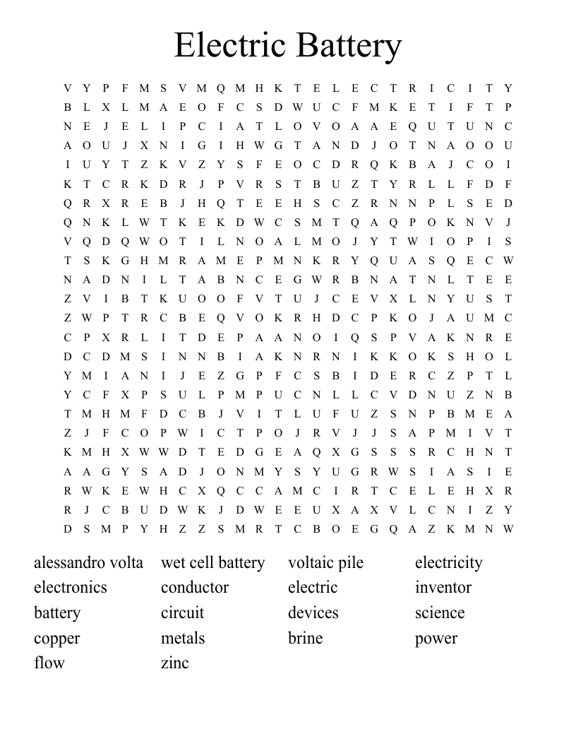 Electric Battery Word Search