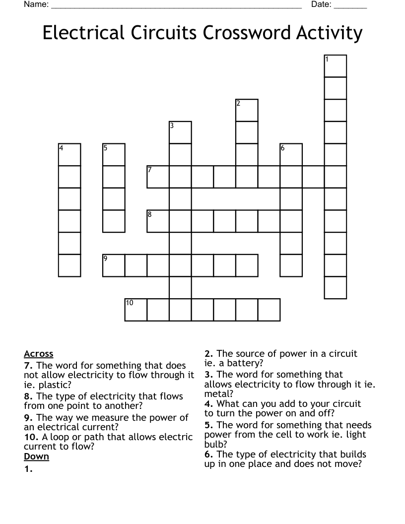 Electrical Circuits Crossword Activity