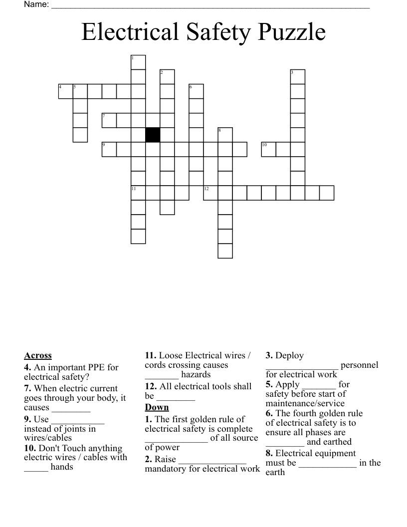 Electrical Safety Puzzle Crossword