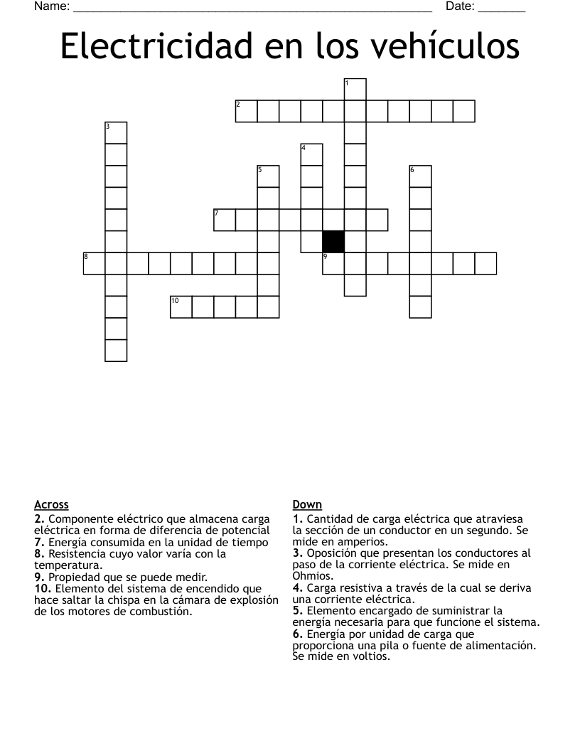 Electricidad en los vehículos Crossword