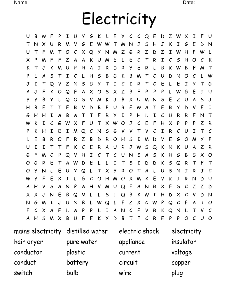 Electricity Word Search