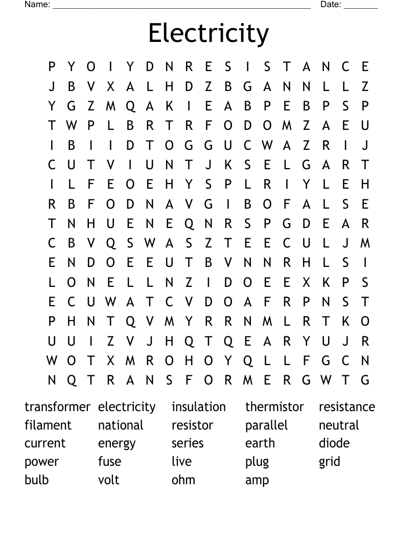Electricity Word Search