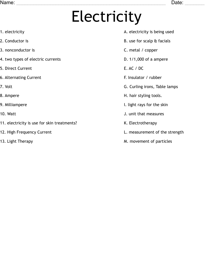 Electricity Worksheet