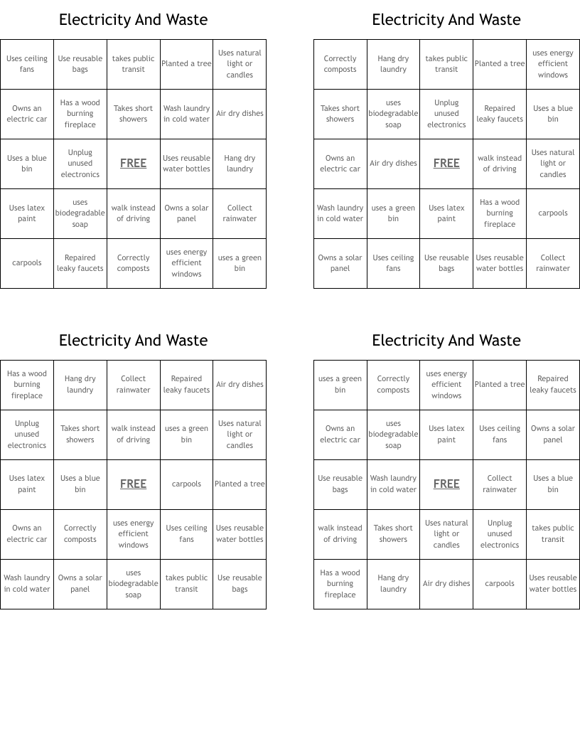Electricity And Waste Bingo Cards
