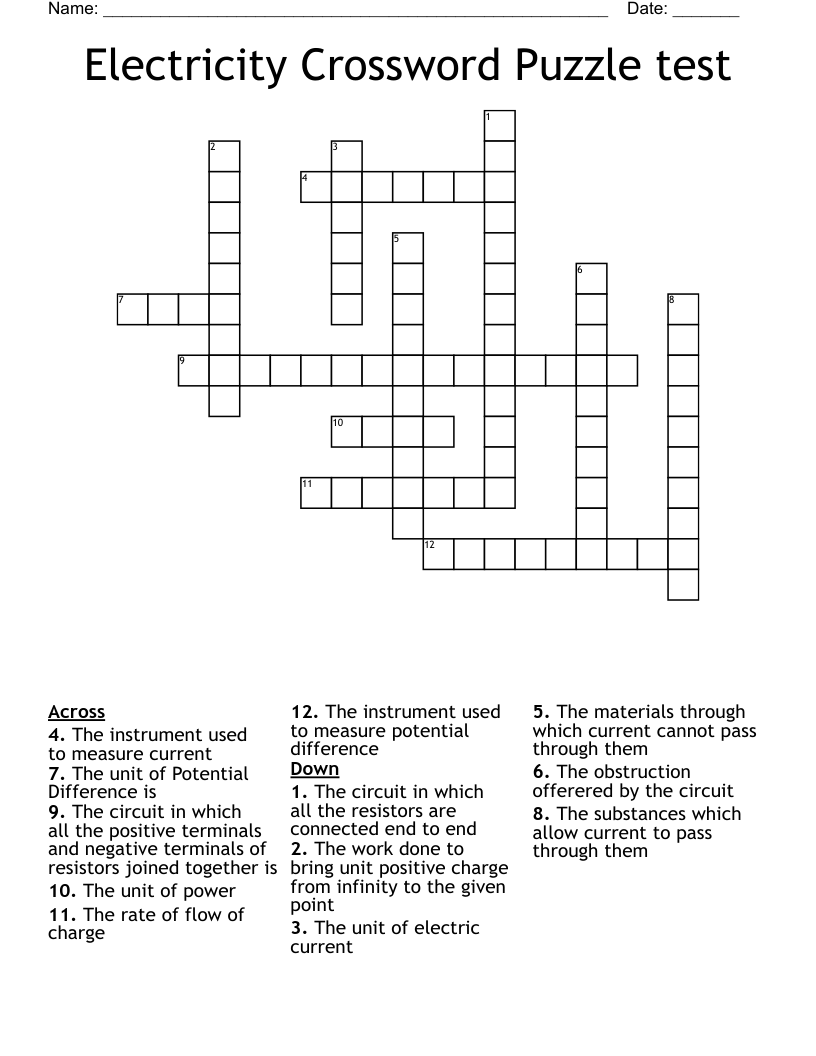 Electricity Crossword Puzzle test