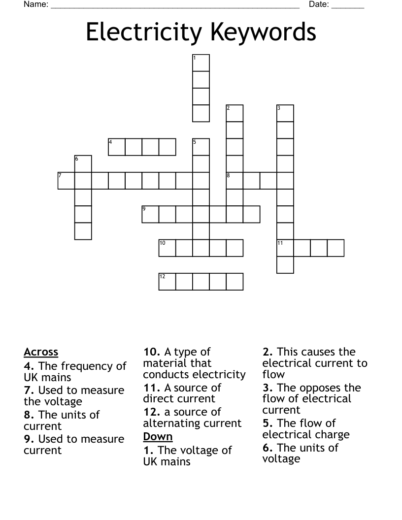 Electricity Keywords Crossword