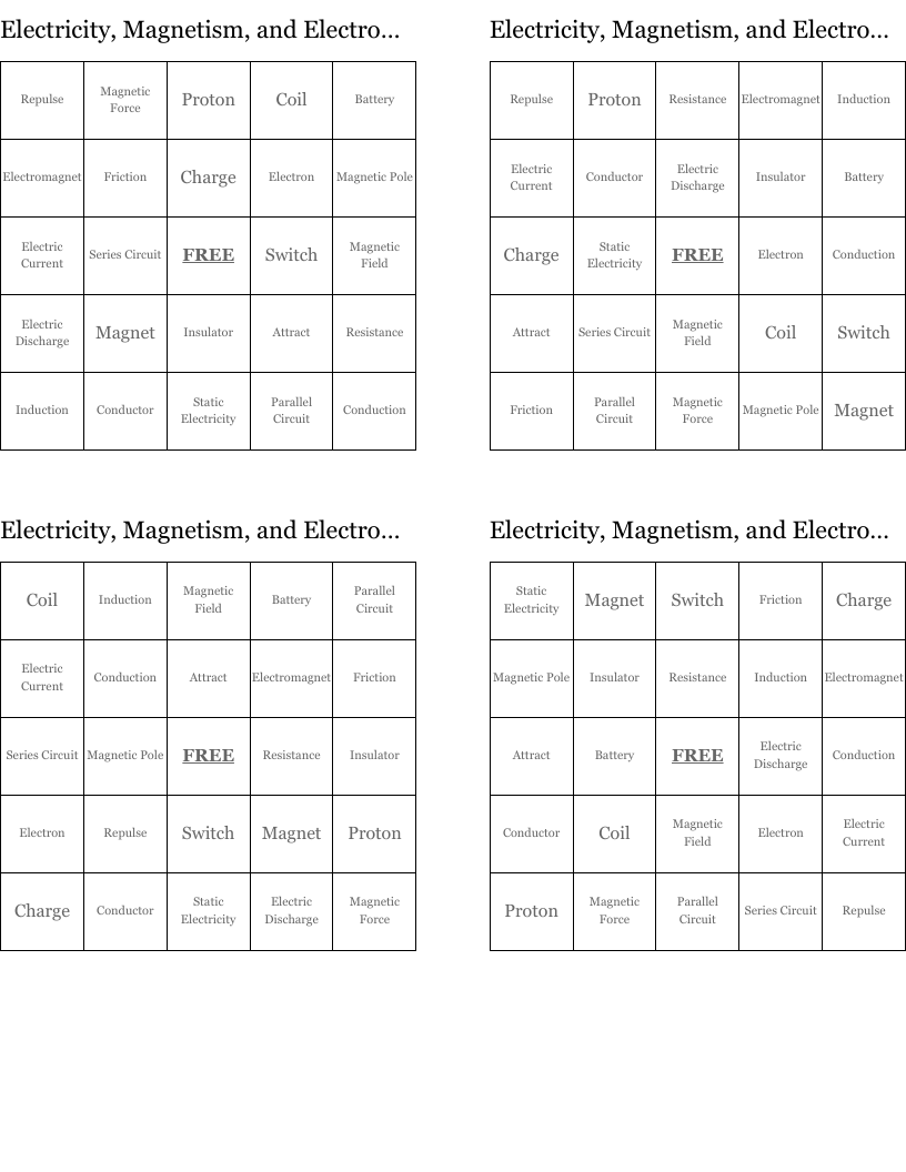 Electricity, Magnetism, and Electromagnetism Bingo Cards