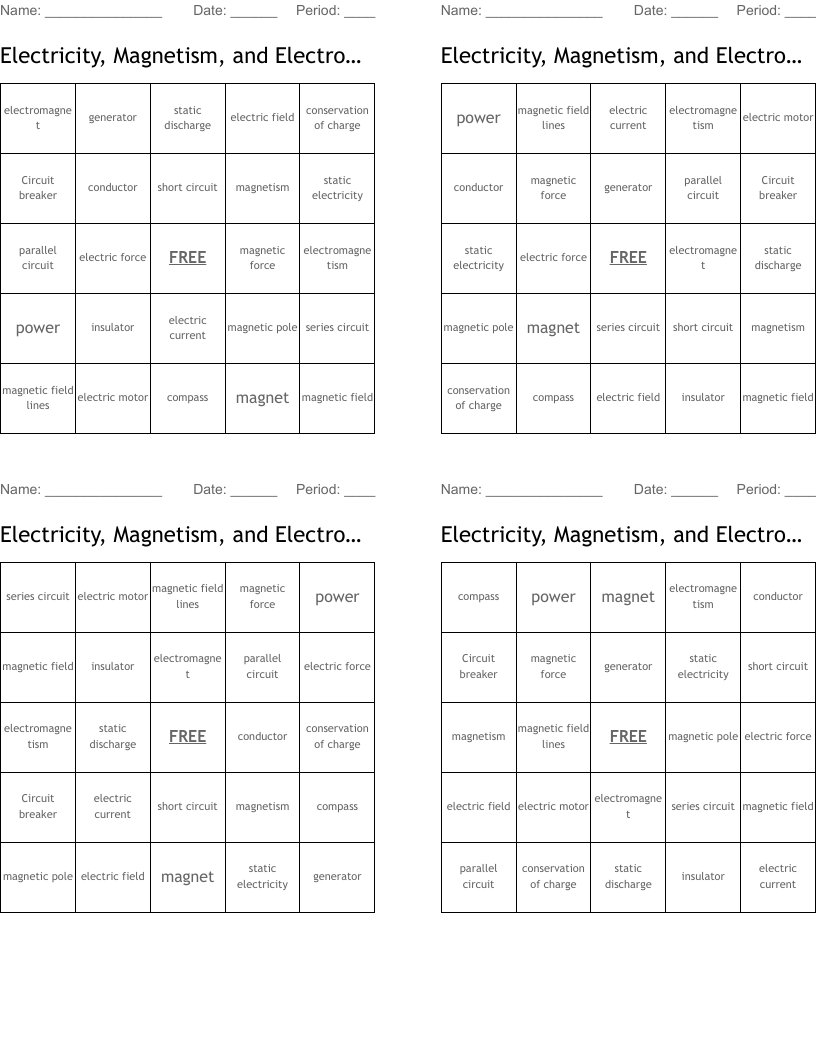 Electricity, Magnetism, and Electromagnetism Bingo Cards