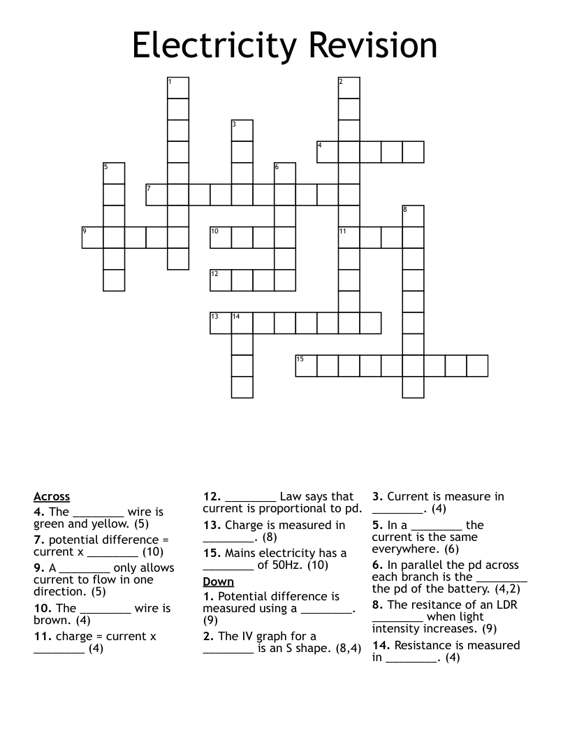 Electricity Revision Crossword
