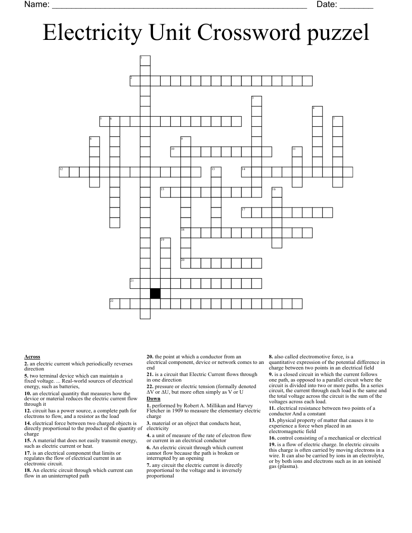 Electricity Unit Crossword puzzel
