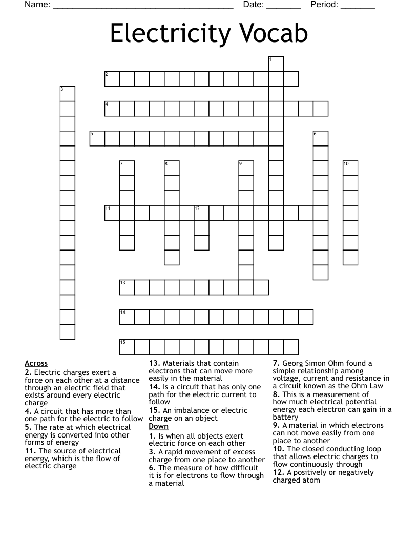 Electricity Vocab Crossword