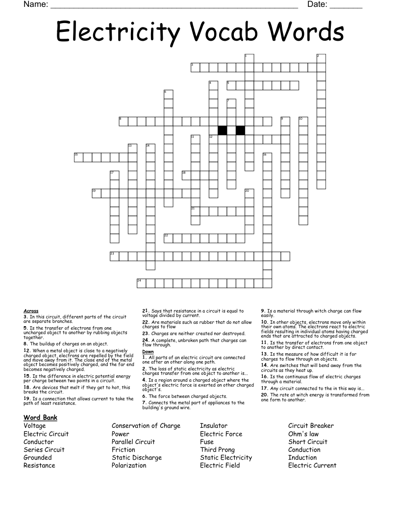 Electricity Vocab Words Crossword
