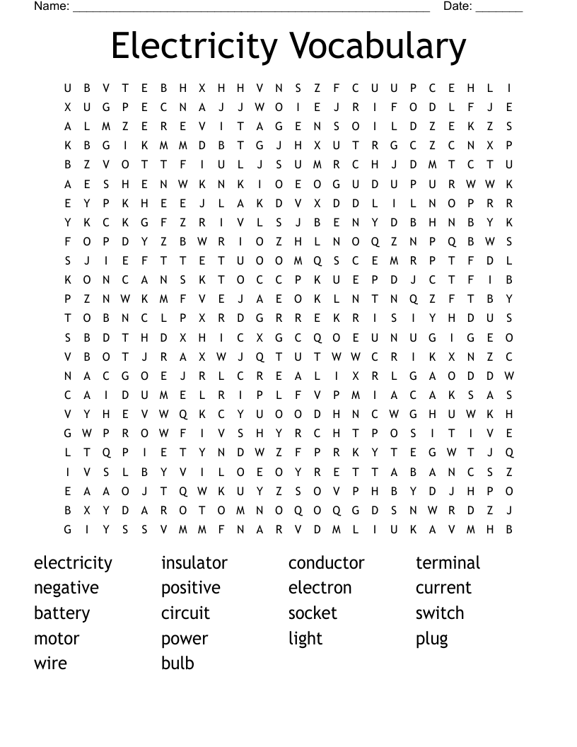 Electricity Vocabulary Word Search