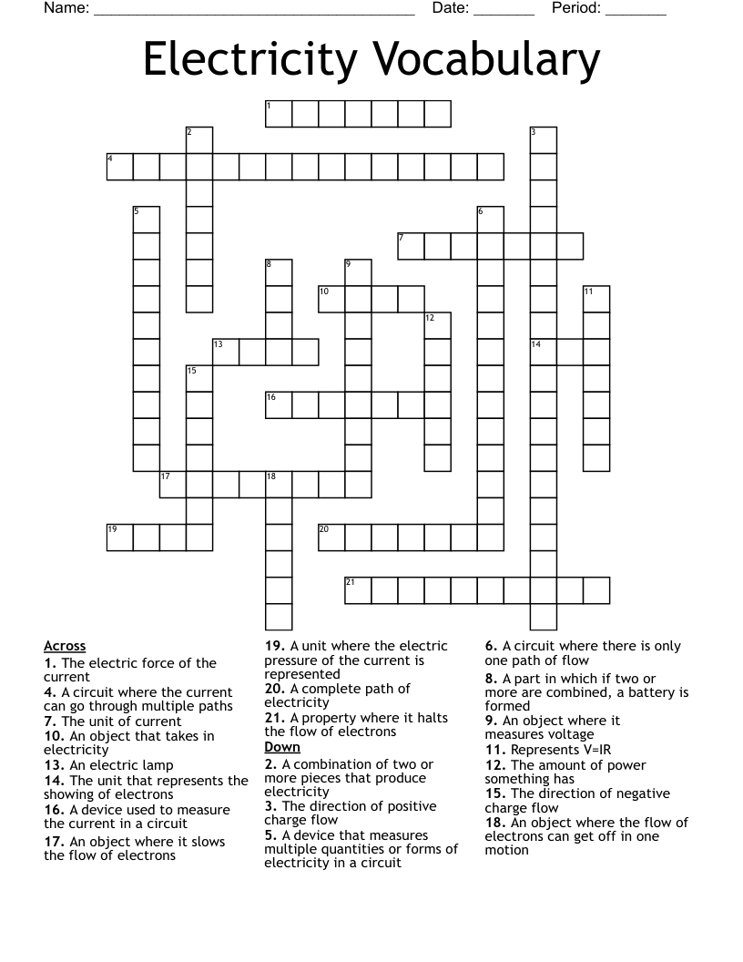 Electricity Vocabulary Crossword