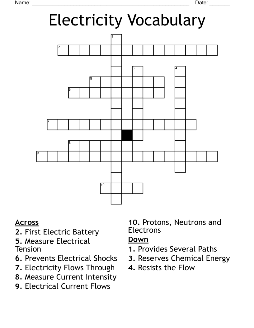 Electricity Vocabulary Crossword