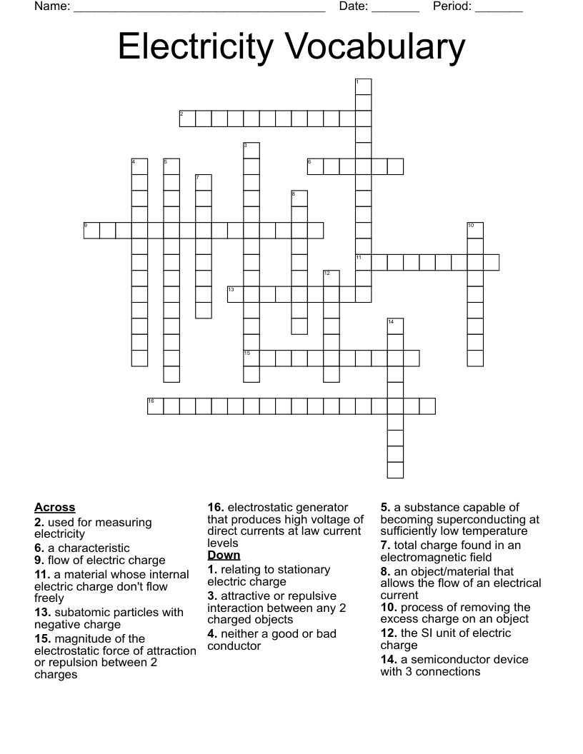 Electricity Vocabulary Crossword