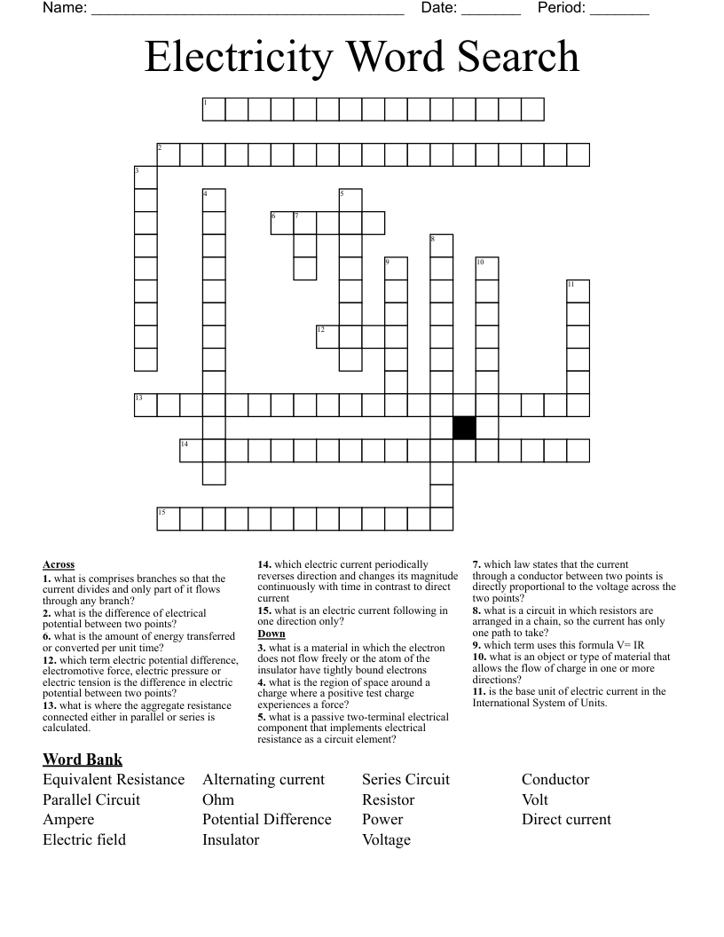 Electricity Word Search  Crossword