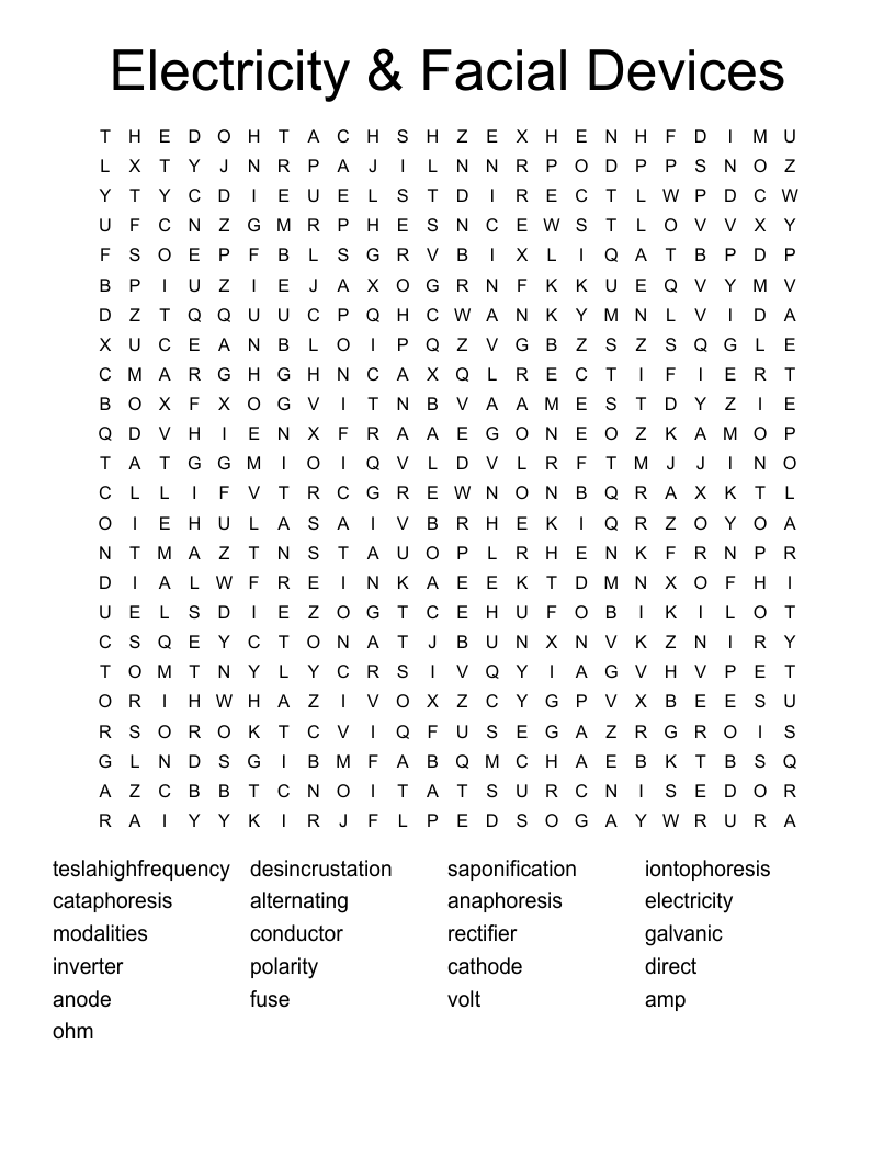 Electricity & Facial Devices Word Search