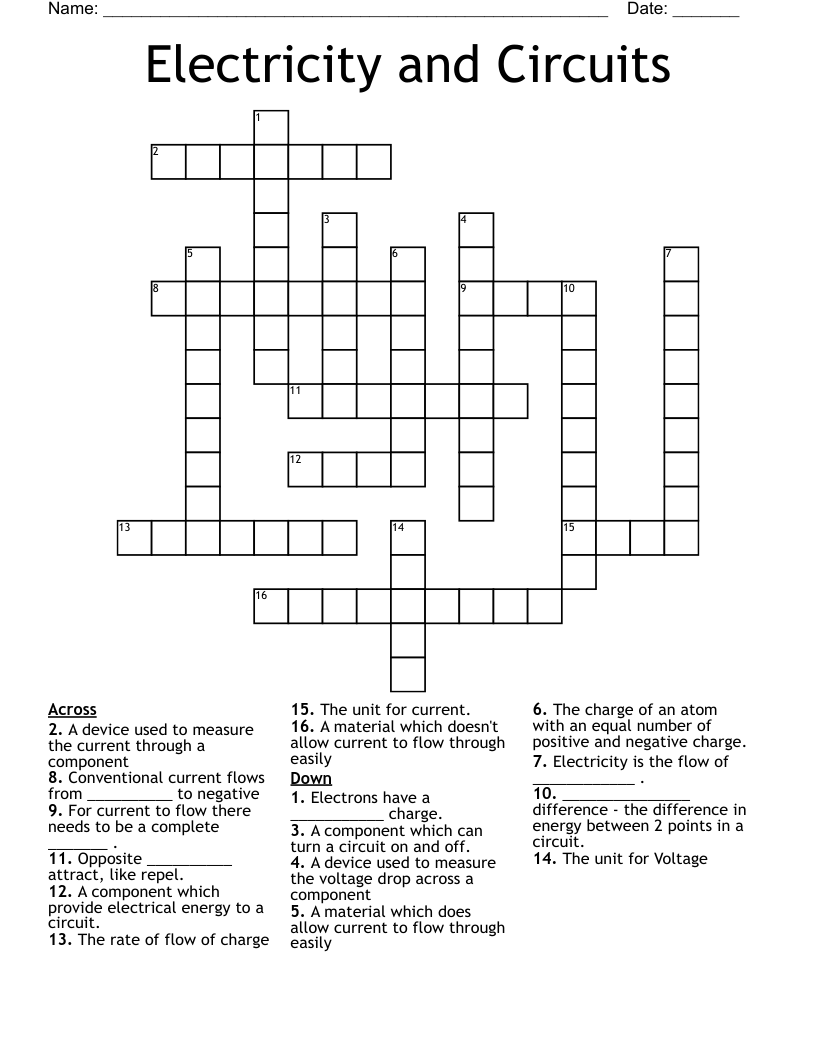 Electricity and Circuits  Crossword