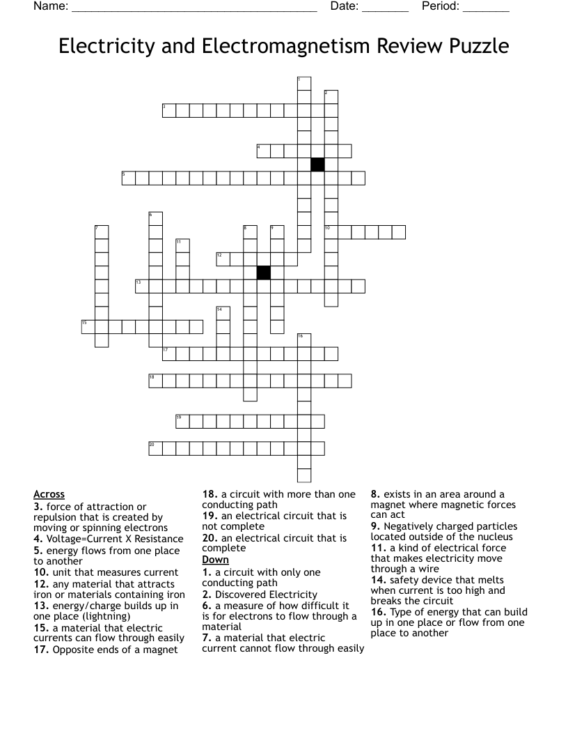 Electricity and Electromagnetism Review Puzzle Crossword