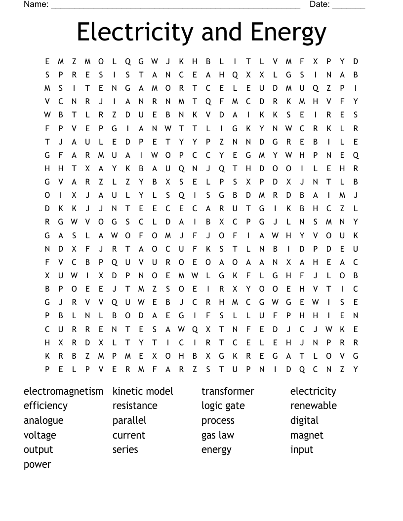 Electricity and Energy  Word Search