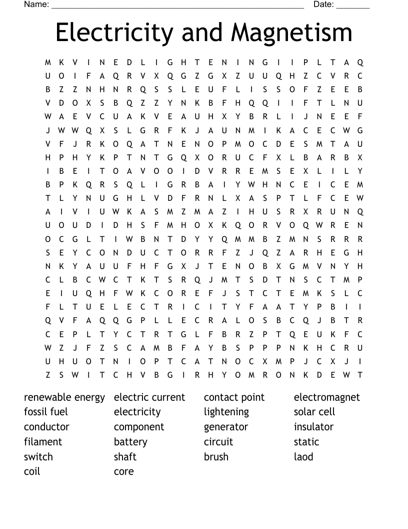 Electricity and Magnetism Word Search